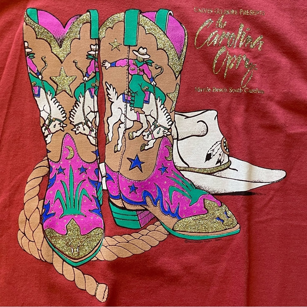 Vintage 1994 Diamond Dust Gold Sparkle Cowgirl Boots Print Carolina Opry T-Shirt - Picture 3 of 16